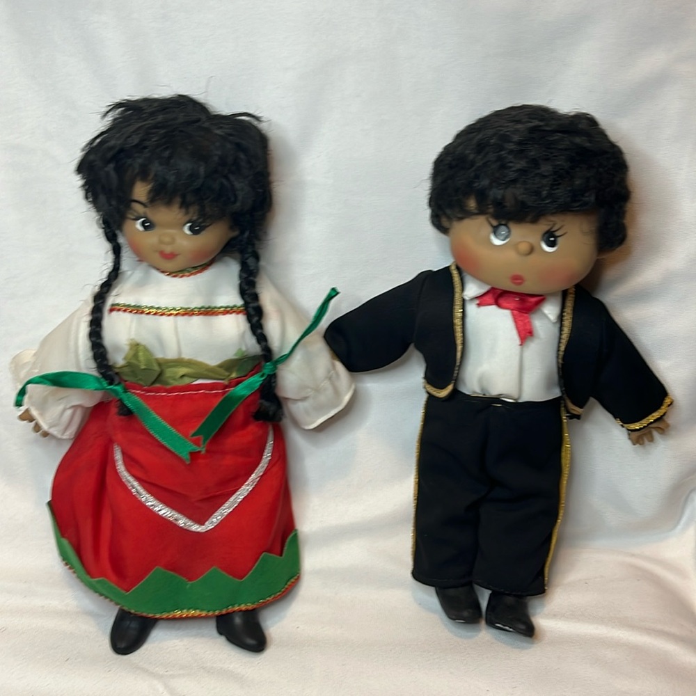 Vintage Cloth Doll Rubber Face Ethnic Mexican Dress Boy Mariachi Girl Dancer